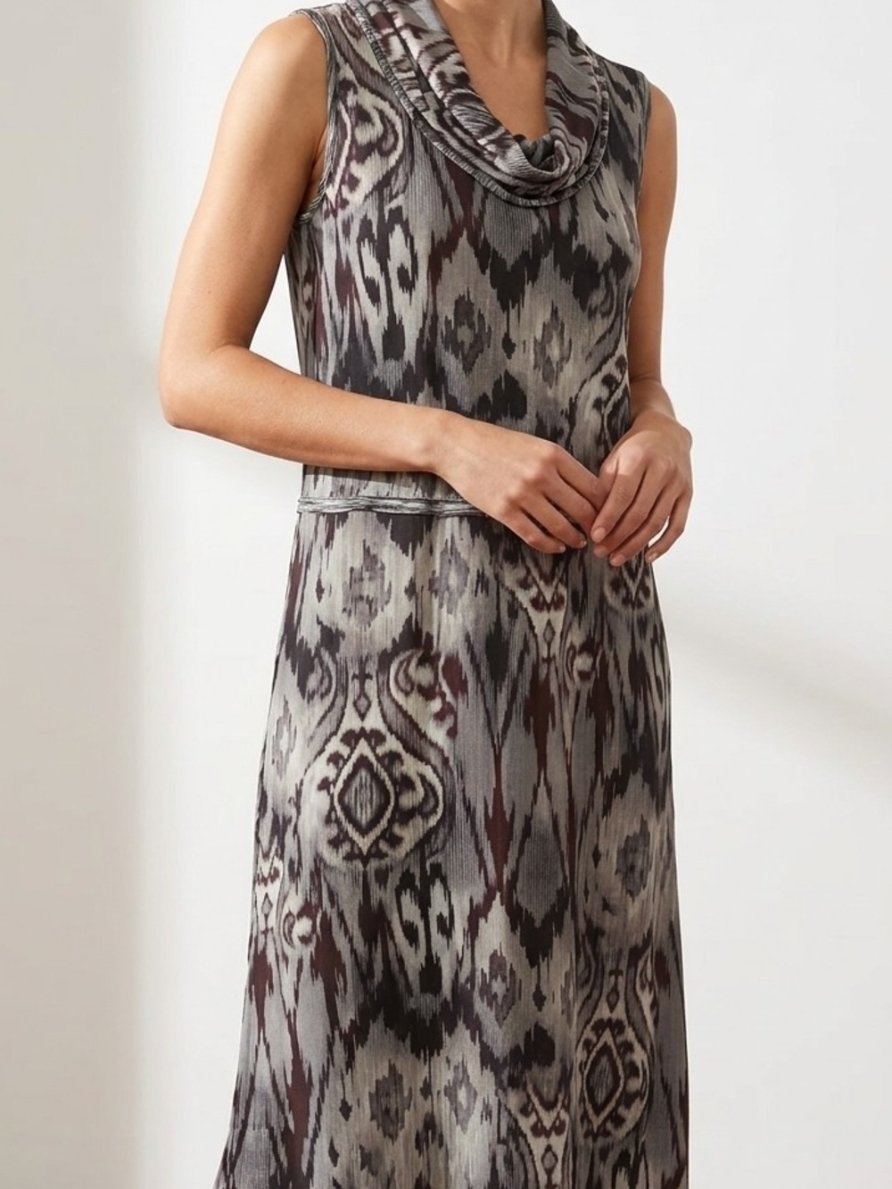 ​Dressbarn Reversible Cowl Neck Midi Dress Plus 18W Black Grey Ikat Medallion